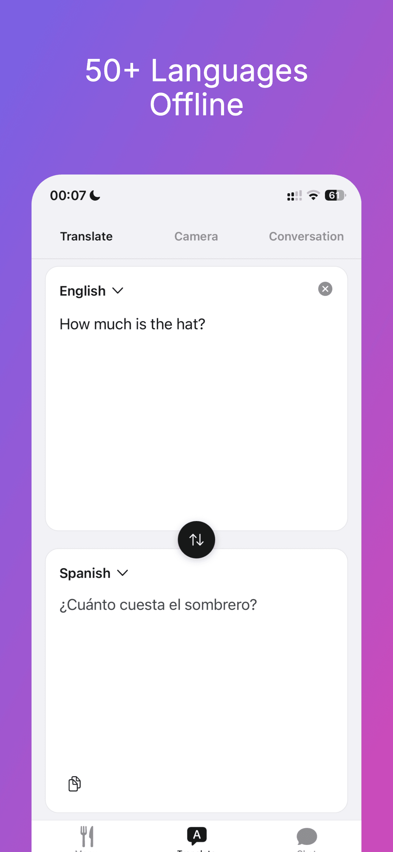 OfflineGPT translating between 50+ languages offline on iPhone — no internet needed
